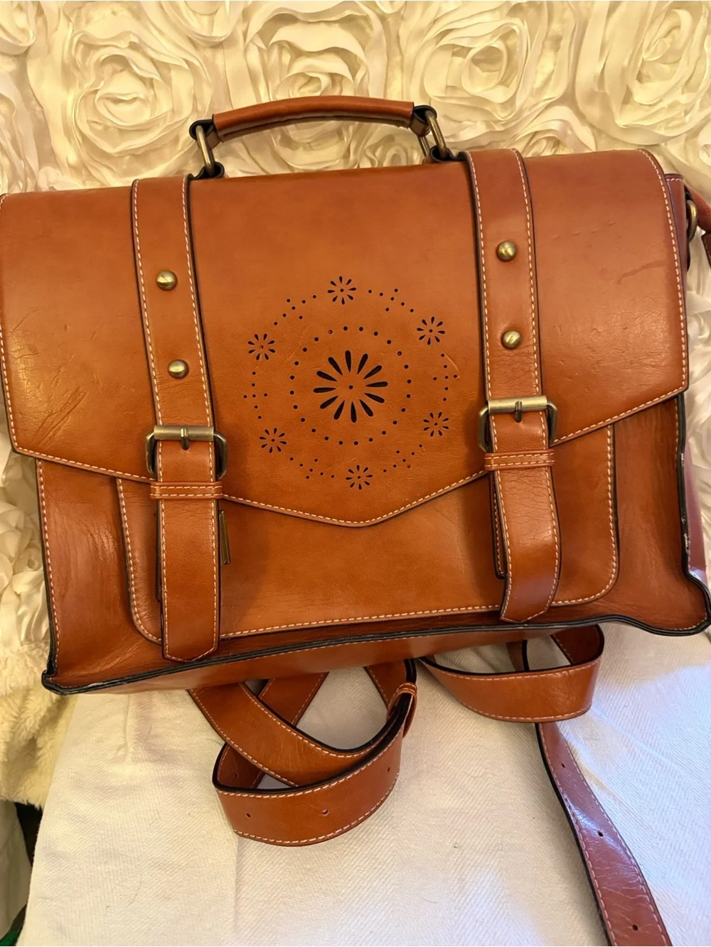Large Men's Tan Leather Messenger Bag with Decorative Laser-Cut Front 12x15x5